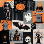 Creepy Halloween napkin with skeleton, coffin, pumpkin, cauldron, gravestones, ghost, bat and haunted house by Ambiente.
