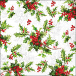 Ilex All Over napkin with holly leaves and red berries in a repeating Christmas pattern by Ambiente.