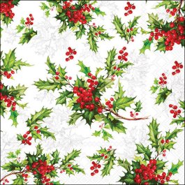 Ilex All Over napkin with holly leaves and red berries in a repeating Christmas pattern by Ambiente.