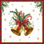 Scottish Bells decoupage napkin featuring festive golden bells, a tartan ribbon, and mistletoe, perfect for Christmas craft projects.
