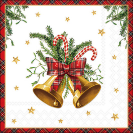 Scottish Bells decoupage napkin featuring festive golden bells, a tartan ribbon, and mistletoe, perfect for Christmas craft projects.