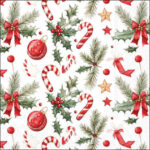 Christmas Elements Decoupage Napkin featuring red baubles, candy canes, holly leaves, and pine branches on a white background.