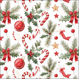 Christmas Elements Decoupage Napkin featuring red baubles, candy canes, holly leaves, and pine branches on a white background.