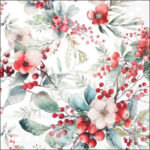 Winter berries decoupage napkin featuring red berries, flowers, and foliage on a white background, perfect for craft projects.