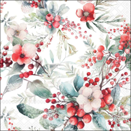 Winter berries decoupage napkin featuring red berries, flowers, and foliage on a white background, perfect for craft projects.