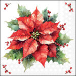 White Festive Poinsettia Decoupage Napkin featuring a red poinsettia flower and holly leaves for decoupage and mixed-media art.
