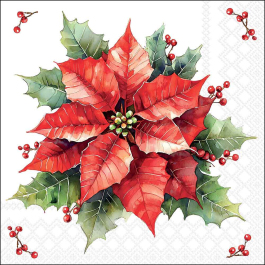 White Festive Poinsettia Decoupage Napkin featuring a red poinsettia flower and holly leaves for decoupage and mixed-media art.
