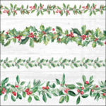 Grey Leaf Garlands Decoupage Napkin featuring detailed festive winter foliage and red berries for decoupage and mixed-media art.