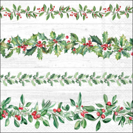 Grey Leaf Garlands Decoupage Napkin featuring detailed festive winter foliage and red berries for decoupage and mixed-media art.