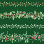Green Leaf Garlands Decoupage Napkin featuring detailed festive winter foliage and red berries for decoupage and mixed-media art.