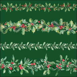 Green Leaf Garlands Decoupage Napkin featuring detailed festive winter foliage and red berries for decoupage and mixed-media art.
