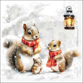 Woodland Squirrel Family decoupage napkin with winter lantern scene for mix and match crafts, sold by UK‑based shop with worldwide shipping.