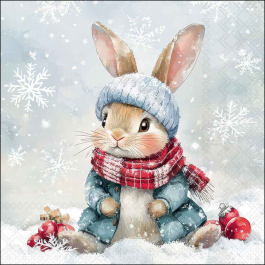 Bugsy winter bunny decoupage napkin featuring an adorable rabbit wearing a winter coat, red scarf, and knitted hat surrounded by snowflakes.
