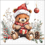 Teddy's Gift Decoupage Napkin featuring cute Christmas teddy bear design for festive crafts