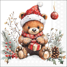 Teddy's Gift Decoupage Napkin featuring cute Christmas teddy bear design for festive crafts
