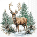Winter Stag decoupage napkin featuring a majestic deer standing among snowy pine trees and pinecones against a white background.