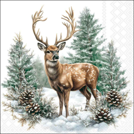 Winter Stag decoupage napkin featuring a majestic deer standing among snowy pine trees and pinecones against a white background.