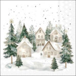 Snowy Houses decoupage napkin featuring a winter village with snow-covered houses and pine trees against a white background.