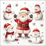 Jolly Friends decoupage napkin with Santa and snowmen in festive red scarves and hats for Christmas crafts from a UK‑based shop.