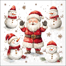 Jolly Friends decoupage napkin with Santa and snowmen in festive red scarves and hats for Christmas crafts from a UK‑based shop.