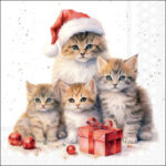 Meowy Christmas decoupage napkin with festive kittens, Santa hat, gift box and ornaments for Christmas crafts from a trusted UK‑based shop.
