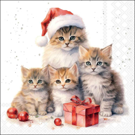 Meowy Christmas decoupage napkin with festive kittens, Santa hat, gift box and ornaments for Christmas crafts from a trusted UK‑based shop.