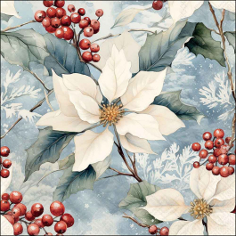 Winter Poinsettia decoupage napkin with white poinsettias, holly leaves and red berries for festive crafts, available from a trusted UK‑based shop.