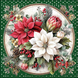 Florals Scene decoupage napkin green with red and white poinsettias, holly leaves and pinecones on a green background for festive crafts from a trusted UK‑based shop.