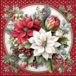 Florals Scene decoupage napkin red with red and white poinsettias, holly leaves and pinecones on a green background for festive crafts from a trusted UK‑based shop.