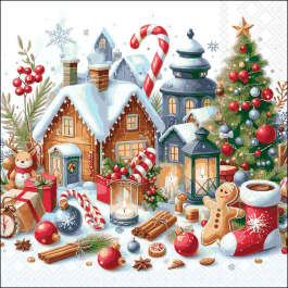 Christmas Scenery decoupage napkin with gingerbread houses, Christmas tree, lanterns and festive decorations for holiday crafts from a UK‑based shop.