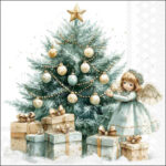 Christmas Fairy decoupage napkin with fairy, golden Christmas tree and wrapped gifts for festive crafts from a UK‑based shop.