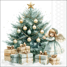 Christmas Fairy decoupage napkin with fairy, golden Christmas tree and wrapped gifts for festive crafts from a UK‑based shop.