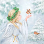 Angel’s Friend decoupage napkin with peaceful angel, birds and snowy forest for festive crafts from a UK‑based shop.