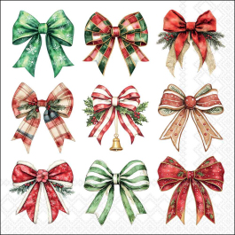 Merry Ribbons White decoupage napkin with nine festive Christmas bows in red, green, gold and cream for holiday crafts.