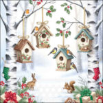 Enchanted Forest decoupage napkin with birdhouses hanging from birch branches, small birds, holly, berries, rabbit, squirrel and winter gifts in a snowy woodland scene.