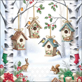 Enchanted Forest decoupage napkin with birdhouses hanging from birch branches, small birds, holly, berries, rabbit, squirrel and winter gifts in a snowy woodland scene.