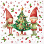 Elves by the Tree decoupage napkin showing two cheerful elves beside a decorated Christmas tree with ornaments, holly, berries, gifts and festive accents on a bright holiday background.