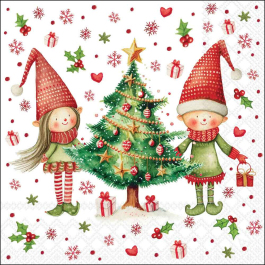 Elves by the Tree decoupage napkin showing two cheerful elves beside a decorated Christmas tree with ornaments, holly, berries, gifts and festive accents on a bright holiday background.