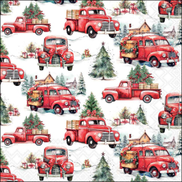 Truck decoupage napkin featuring vintage red pickup trucks carrying Christmas trees and gifts in a snowy landscape, perfect for festive craft projects.