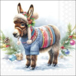 Wooly Donkey decoupage napkin showing a donkey in a colourful knitted sweater and festive hat surrounded by evergreen branches, ornaments, pinecones and a wrapped gift in a snowy scene.