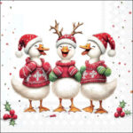Jolly Ducks decoupage napkin showing three festive ducks in red sweaters and Santa hats, with holly, berries and winter accents on a bright Christmas background.
