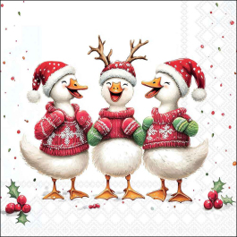 Jolly Ducks decoupage napkin showing three festive ducks in red sweaters and Santa hats, with holly, berries and winter accents on a bright Christmas background.