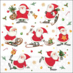 Sporty Santa decoupage napkin with playful cartoon Santas skiing, sledding and carrying gifts, surrounded by festive icons on a white background.