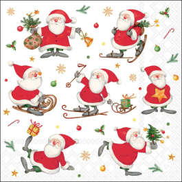 Sporty Santa decoupage napkin with playful cartoon Santas skiing, sledding and carrying gifts, surrounded by festive icons on a white background.