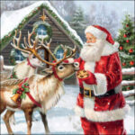 Give a Treat decoupage napkin with Santa feeding a reindeer beside a decorated cabin in a snowy winter forest.