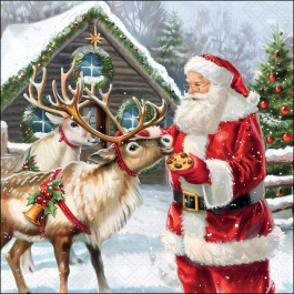 Give a Treat decoupage napkin with Santa feeding a reindeer beside a decorated cabin in a snowy winter forest.