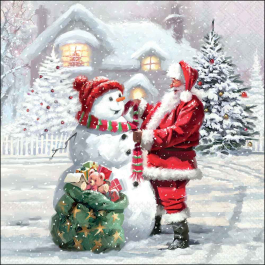 Santa’s Warm Gift decoupage napkin with Santa adjusting a scarf on a snowman beside gifts and a decorated Christmas tree in a snowy winter scene.