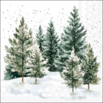 Whispering Pines decoupage napkin with snow‑covered evergreen trees in a peaceful winter forest.