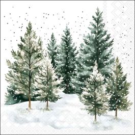 Whispering Pines decoupage napkin with snow‑covered evergreen trees in a peaceful winter forest.