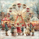 Theme Park decoupage napkin with a glowing Ferris wheel, vintage‑style children and snowy winter fairground scene.